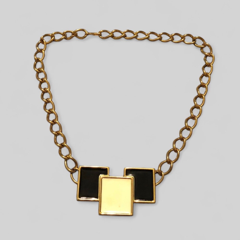 Vintage Signed Monet Gold Toned Chain Links Square Black Crème Necklace